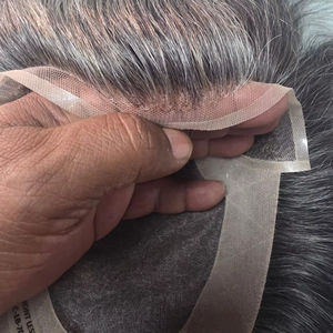 Taz Hair BD Fusion Perruque toupet en cheveux humains Remy à trame nouée à la main, base en dentelle frontale, couleur mixte 1B, patchs capillaires gris, prothèse capillaire - Product Image 1