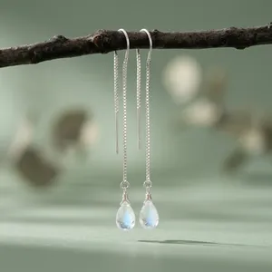 Pendientes de Piedra Lunar Arcoíris con Cadena, Hechos a Mano, Plata de Ley 925 Bañada en Oro, Piedra de Nacimiento de Junio, Colección Verano - Product Image 1