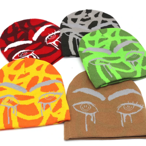 Wholesale 100% Acrylic Jacquard Knitted <b>Beanie</b> <b>Hat</b> Custom Winter <b>Wool</b> Toques with Hand Embroidery Contrast Color Travel <b>Beanie</b> - Product Image 1