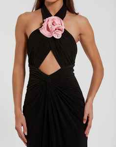 Cuello Halter bordado modesto A-Line Maxi vestido adultos frente sólido rebordear perlas Natural no tejido graduación Simple hasta el suelo - Product Image 4