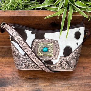 Meilleures ventes Cheveux occidentaux sur cuir repoussé Floral Turquoise Stone Sac à main pour femmes personnalisé en cuir de vache véritable Concho Sac à main - Product Image 4