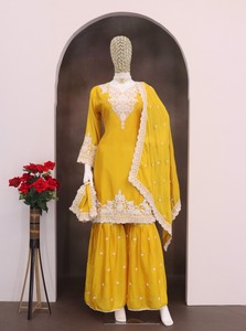 Chinon seda corte recto Kurta Palazzo conjunto con bordado trabajo indio y pakistaní Salwar Kameez ropa para fiesta - Product Image 3