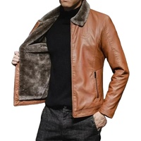Chaqueta de Cuero Marrón Vintage para Hombre, Abrigo de Invierno con Cuello de Piel Sintética, Grueso, Resistente al Viento, Cálido, Tejido sin Costuras, con Cierre de Cremallera de Lujo
