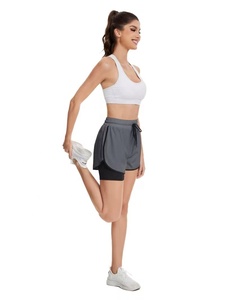 Shorts de sport pour femme à cordon de serrage, tissage superposé, séchage rapide, couleur unie, taille mi-haute, coupe élastique - Product Image 2