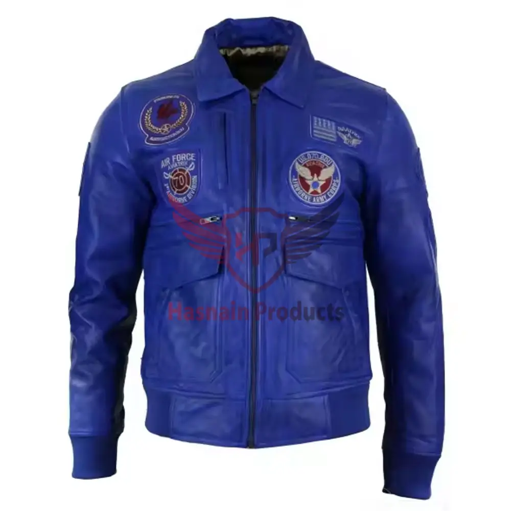 Vestes en cuir de bombardier bleu sur mesure pour hommes en cuir véritable Badge de bombardier noir Veste de vol de pilote-Bleu personnalisé