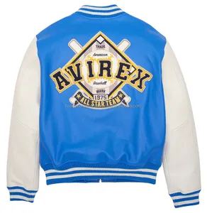 Veste universitaire pour homme OEM, écologique, logo brodé personnalisé, patchwork en chenille, veste bomber en cuir bleu - Product Image 5