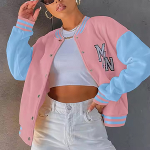 OEM Custom Quality Women Letter Embroidery Drop Shoulder College Bomber Jacket Coats <b>Pink</b> Varsity Jackets - Product Image 1