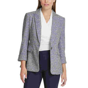 Blazer da donna DKNY blu taglia 6, in maglia melange monopetto, lungo, con decorazioni ricamate a tinta unita e fantasia stampata - Product Image 1