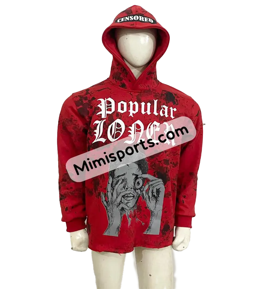 Trending Hoodies Men's Red with Digital Printing Dots Printing Raw Hem Edge Cut Bottom Big Distressed Acid Washed