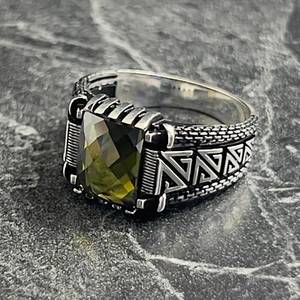 Handmade <b>Silver</b> Turkish Vintage Style <b>Men's</b> <b>Ring</b> with Green Peridot Square Cut Gemstone <b>Mens</b> Jewelry Gift - Product Image 3