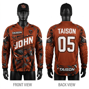 Camiseta de paintball para hombre, 180 GSM, poliéster, malla transpirable, mangas acolchadas, naranja y negro, impresión por sublimación, nombre, número y logotipo personalizados - Product Image 1