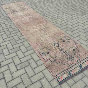 2.8x12 ft Vintage Runner Rug, <b>Brown</b> Blue Turkish Floral <b>Wool</b> Rug - Product Image 1