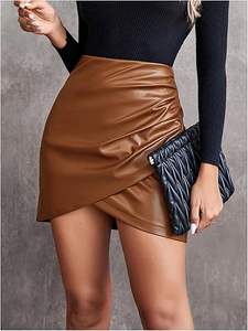 Diseño personalizado de las mujeres de alta cintura Pu falda de cuero Wrap fruncido Bodycon Mini faldas para las mujeres - Product Image 2