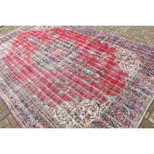 Turkish Large Rug 7.1x9.8 ft, <b>Red</b> Blue Striped Rug <b>Wool</b> - Product Image 4