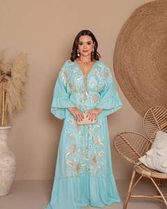 2025 bordado globo Puff manga vestido escote en V profundo estilo Casual fiesta vestido largo ucraniano con borlas de cinturón - Product Image 2