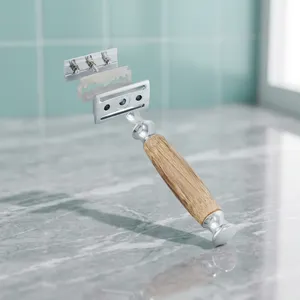 Rasoir de sécurité réutilisable à double lame Morgans Industries avec manche en bois, rasoir à raser pour le visage en acier inoxydable pour hommes - Product Image 3