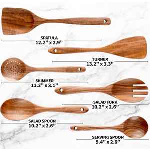 Juego de utensilios de cocina de madera de teca Natural duradera nominal Cucharas de madera Espátula para cocinar Diseño de vasija elegante para uso doméstico - Product Image 1