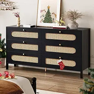 ลิ้นชัก6ลิ้นชักสไตล์ Boho ตกแต่งด้วยหวายธรรมชาติด้ามไม้สีดำและสีทอง - Product Image 4