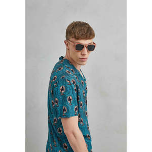 เสื้อฮาวายย้อนยุควินเทจสำหรับผู้ชายสีฟ้าคราม100% ลายพัดวินเทจ - Product Image 3