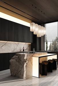 Modern Marble MDF Modular Kitchen Island Cabinet Set Glass Doors Black Wood Grain Rectangular Contemporary Minimalist Design - Product Image 2