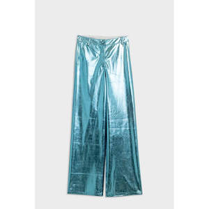 Pantalon droit taille haute bleu métallisé, tailles XS-XL, en tissu PU respirant, coupe large et ample, élastique et froissé, pour printemps-automne - Product Image 1