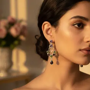 Pendientes Largos de Plata 925 Chapados en Oro Vintage para Mujer, con Piedras Preciosas, Diseño de Gota de Agua con Diamantes y Perlas de 14K para Bodas y Fiestas - Product Image 3