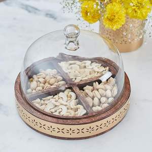 Customized Size And Shape Nuts Server Fabulous Design Wood Chocolates Server With <b>Glass</b> <b>Dome</b> Top Quality Nut Server - Product Image 2
