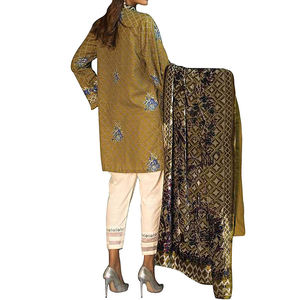 Top Design traditionnel imprimé pakistanais haute qualité lin coton femmes robe d'hiver avec châle costume pour la fête fabriqué en soie - Product Image 3