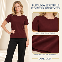 T-shirt uni bordeaux à col rond et manches courtes pour femme, coupe droite classique, haut élégant de boutique, OEM ODM, personnalisable, marque privée