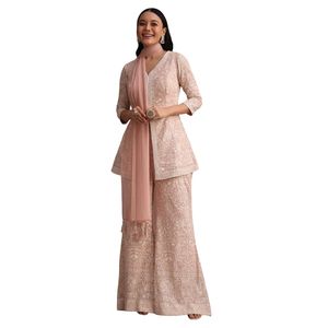Rosa Lucknowi Kurti Palazzo con Red Dupatta mujeres al por mayor Ropa Étnica OEM ropa proveedor de fábrica traje personalizado - Product Image 3