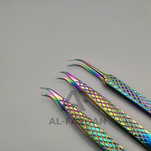 Pince à épiler d'extension de cils en acier inoxydable avec logo personnalisé arc-en-ciel poignée en diamant multicolore volume de cils pointus en fibres incurvées solides - Product Image 3