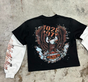 เสื้อยืดผ้าฝ้ายพิมพ์ลายแบบวินเทจสำหรับผู้ชายเสื้อวาฟเฟิลแขนยาวสองชั้นแบบขาดเป็นกรดทำจากหิน - Product Image 3