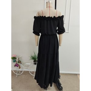 Robe longue Aerobin pour femme avec col Madonna, détail volanté et fente, 37345 - Noir - Product Image 6