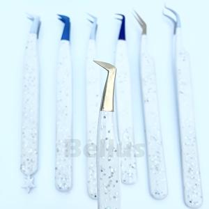 Pinzas de punta de fibra de 45 90 grados de plata personalizadas para extensiones de pestañas de volumen aplicador de pestañas profesional con logotipo - Product Image 5