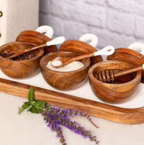 AK Brass Wooden Round <b>Serving</b> <b>Bowl</b> with Spoon and Tray In <b>White</b> & Natural Wood Color Set of 3 For Table & Kitchen Decor Accents - Product Image 2