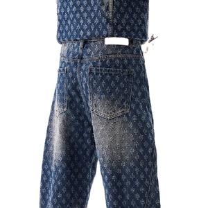 <b>Men's</b> New Vintage Wash Stonewashed Flower <b>Jeans</b> High Street American Style 3D Pattern Button Decoration for Winter Fashion Wear - Product Image 4
