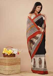 Sarees en mousseline de soie marron sur mesure sérigraphié et bloc imprimé avec des techniques tissées pour un style uni personnalisé pour une utilisation sur canapé - Product Image 6