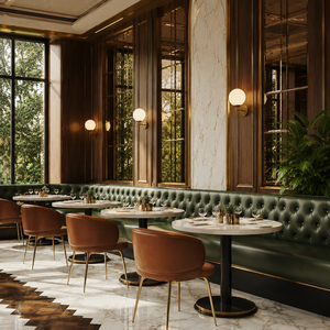 Mobilier de <span class=keywords><strong>restaurant</strong></span> parisien : Banquette capitonnée en cuir avec boutons, canapé, tables rondes en marbre et ensembles de chaises pour café - Product Image 2