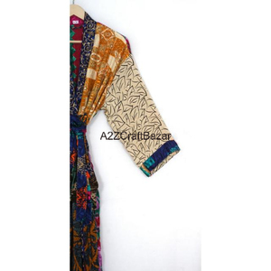 Bata de Seda de Retazos Vintage para Mujer, Cinturón de Damas de Honor Estilo Kimono Largo con Cuello en V y Cierre Frontal Reciclado, Verano Indio - Product Image 5