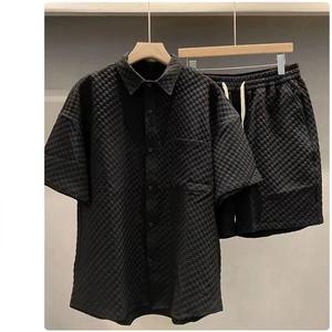 Men's British-Style Casual Two-Piece Jogger Outfit Summer Loose Printed Solid <b>Short</b> Sleeve Shirt + <b>Shorts</b> Handsome Lattice - Product Image 1