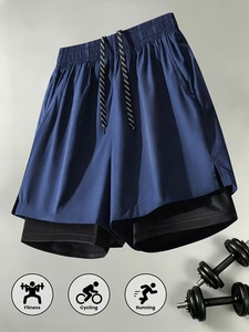 Men's Navy Blue Quick Dry Sport Shorts With Pockets Elastic Waist <b>Mid</b> Length Solid Color Athletic Workout Running Shorts - Product Image 3