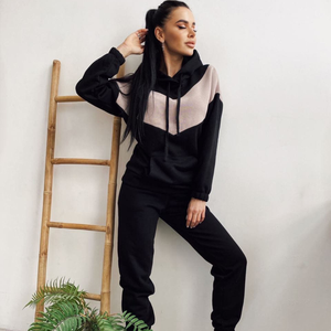 Ladies Splicing Leisure Sports Tracksuit Winter Zip Top 2 Piece Pants Set Women Jogger Hooded Collar Casual Winter Tracksuit - Product Image 1