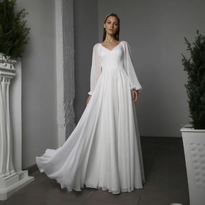 <b>Simple</b> White Chiffon Maxi <b>Wedding</b> <b>Dress</b> with <b>Long</b> Puff <b>Sleeves</b> - Product Image 5
