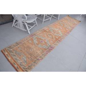 2.5x11.9 ft Vintage <b>Runner</b> <b>Rug</b>, Orange Gray Turkish Camouflage Wool <b>Rug</b> - Product Image 2