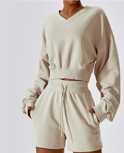 Conjunto de Sudadera con capucha de gimnasio con logotipo personalizado para mujer, Top corto de punto largo con logotipo frontal, sudadera informal para mujer, Sudadera corta con capucha - Product Image 6