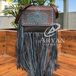 Fashionable High Quality Turquoise <b>Boot</b> Stitch Genuine Leather Large <b>Fringe</b> Crossbody Bag Western Bohemian Cowhide Women Handbag - Product Image 1