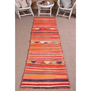 Turkish Vintage <b>Wool</b> Rug 2.7x9.1 ft (82x278 Cm) Patchwork Eco-Friendly Latex Backing Moroccan Rug in <b>Red</b> & Purple - Product Image 1