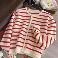 Gestreifter Strick-Cardigan für Damen, Winter, V-Ausschnitt, einreihig, lange Ärmel, normale Passform, modisch, lässig, schick, schlicht, 220g Pullover