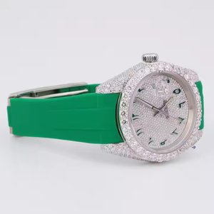 Reloj Deportivo Hip Hop de Diseño Personalizado, Elegante Correa de Acero Inoxidable Verde, Resistente al Agua, Cristal con Incrustaciones de Diamantes Moissanite - Product Image 3