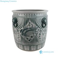 RZFH02-i Jingdezhen Grande jardinière en céramique verte émaillée, motif rond classique, avec poignées en forme de lion, pour jardin, maison et extérieur, vente en gros